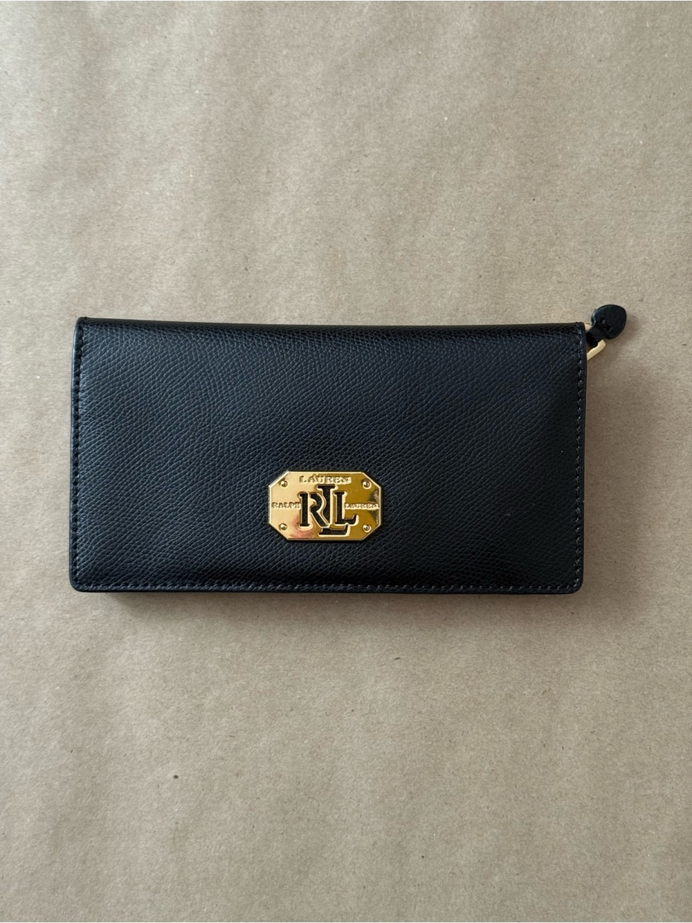 Ralph Lauren Black Leather Zip Continental Wallet with Gold RL Plaque